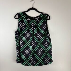 Liz Claiborne Womens X Large Blouse Top Sleeveless Geometric Blue Green Back Zip